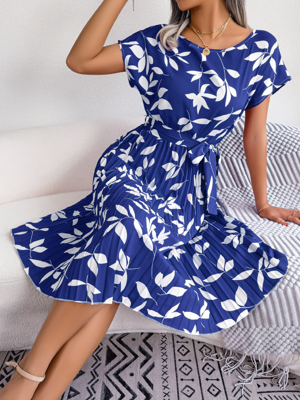 Botanical Breeze Dress: Chic Summer Leaf-Print & Tie-Up Design - fashion finesse accessories