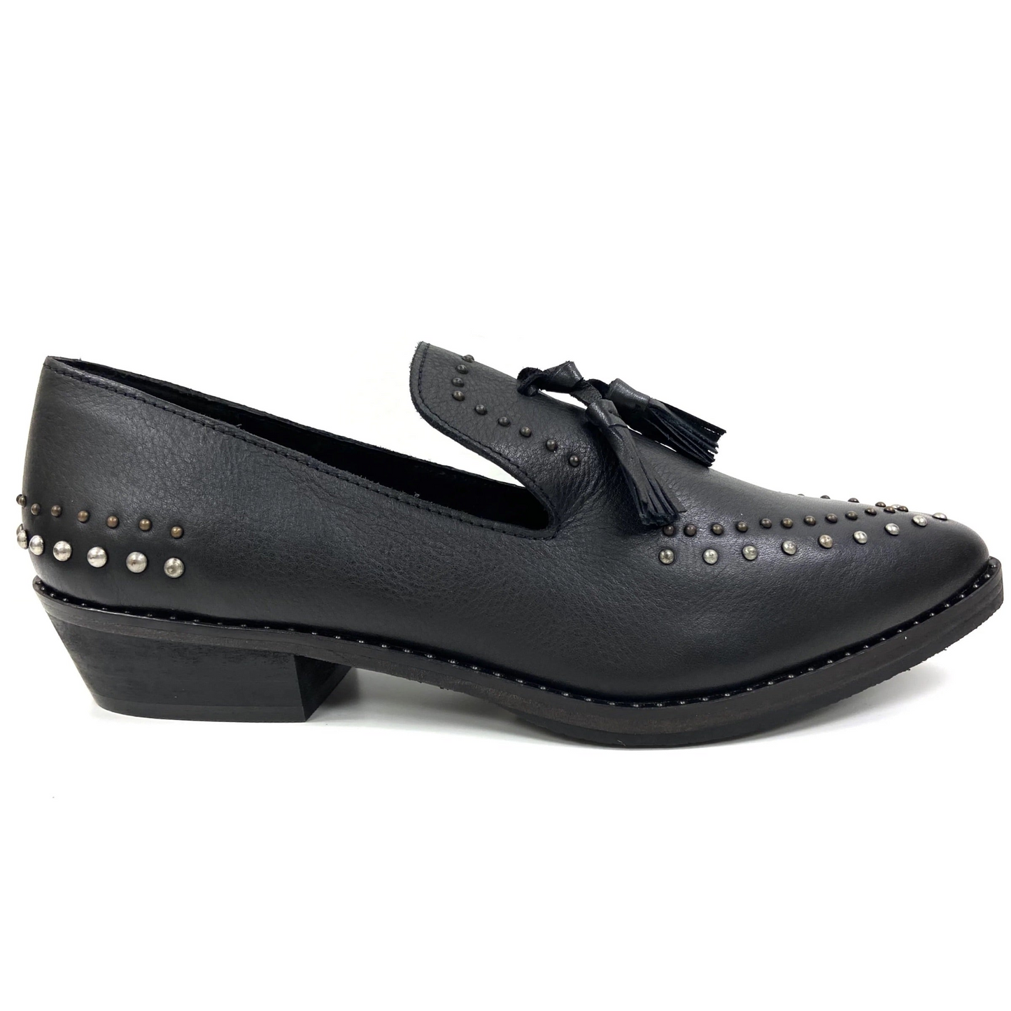 Bella Black Studded Mules - Trendy Leather Slip-Ons with Studded Metal Accents