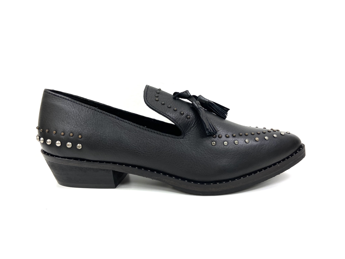 Bella Black Studded Mules - Trendy Leather Slip-Ons with Studded Metal Accents