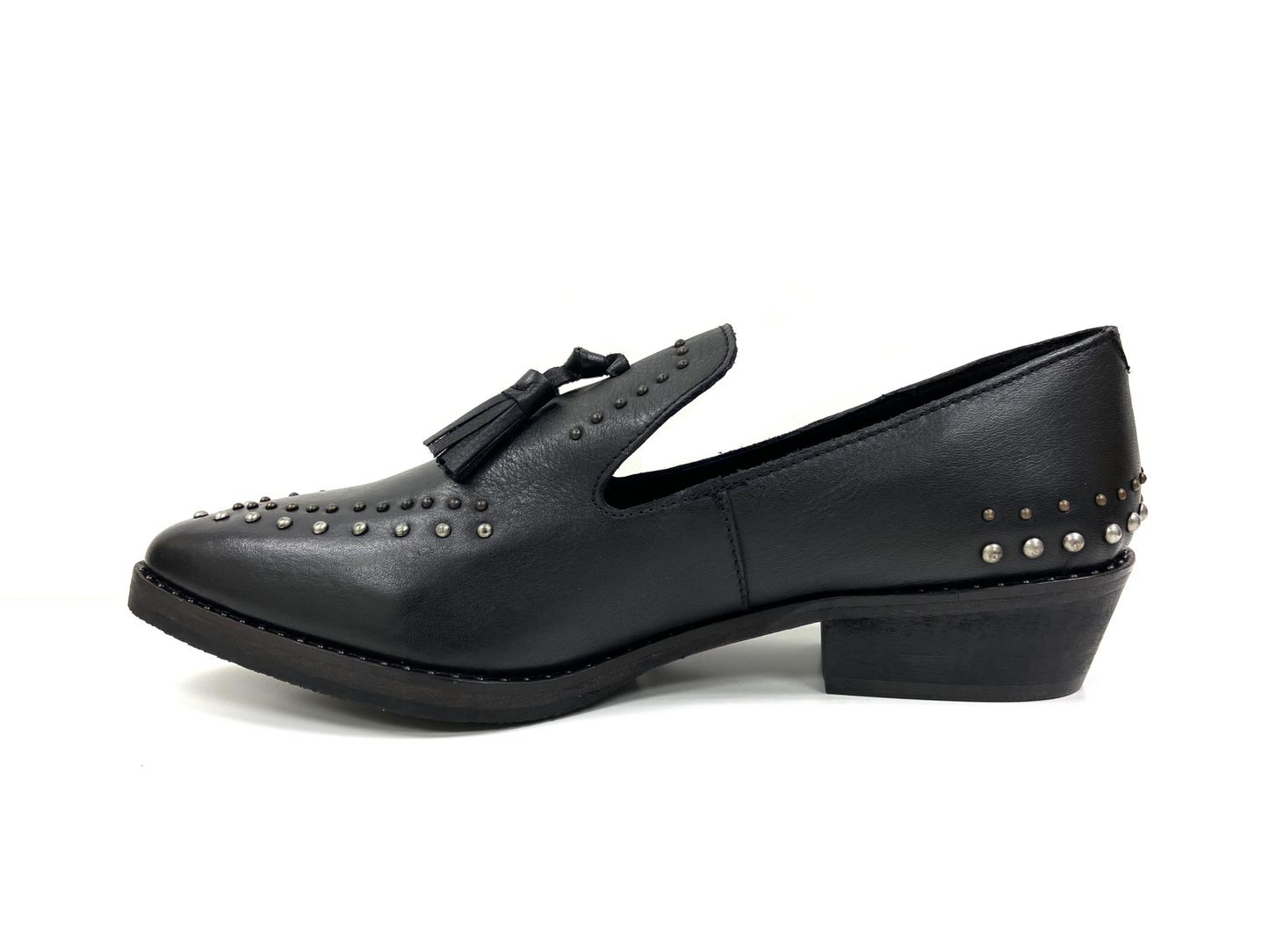 Bella Black Studded Mules - Trendy Leather Slip-Ons with Studded Metal Accents