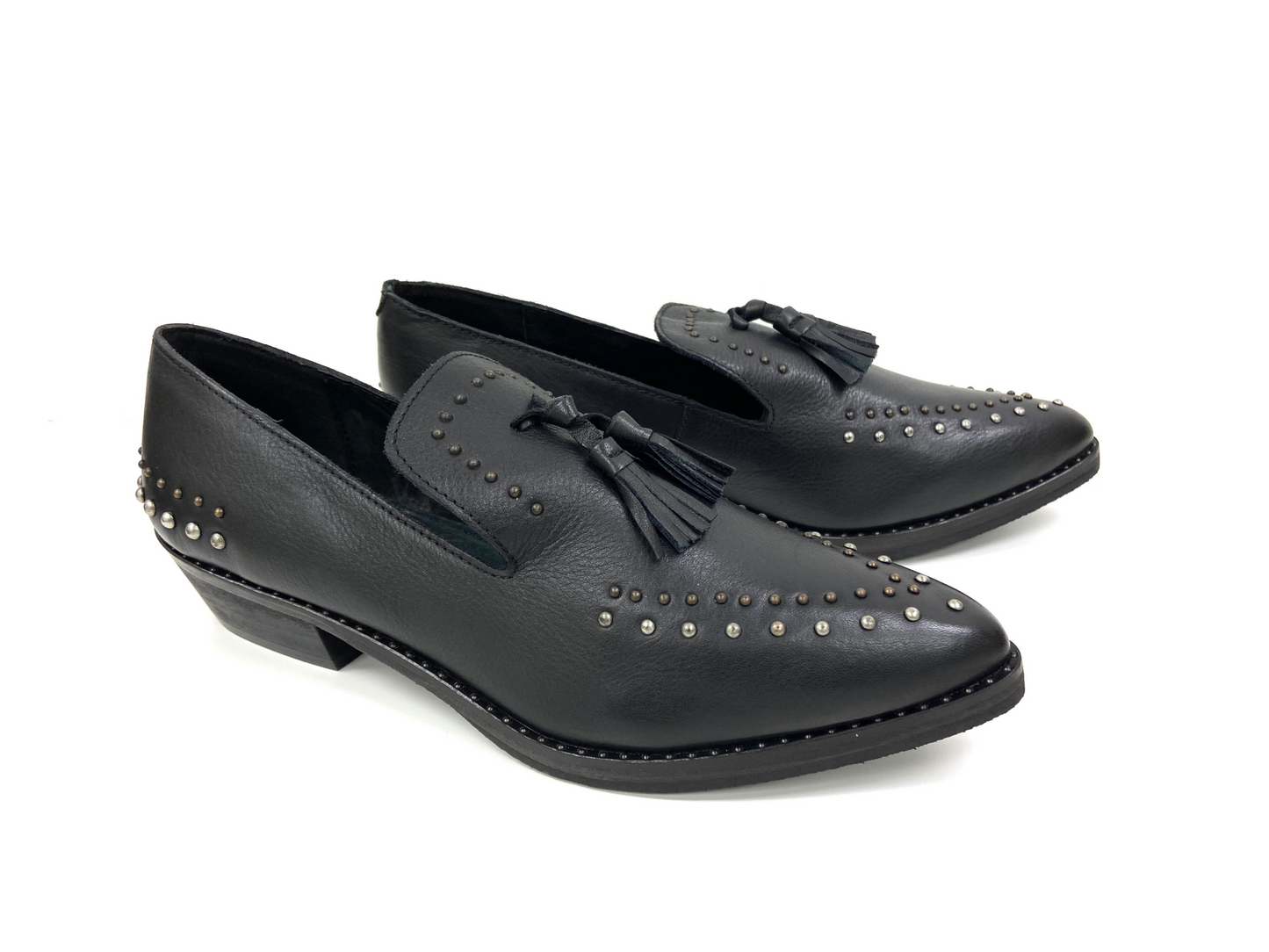 Bella Black Studded Mules - Trendy Leather Slip-Ons with Studded Metal Accents