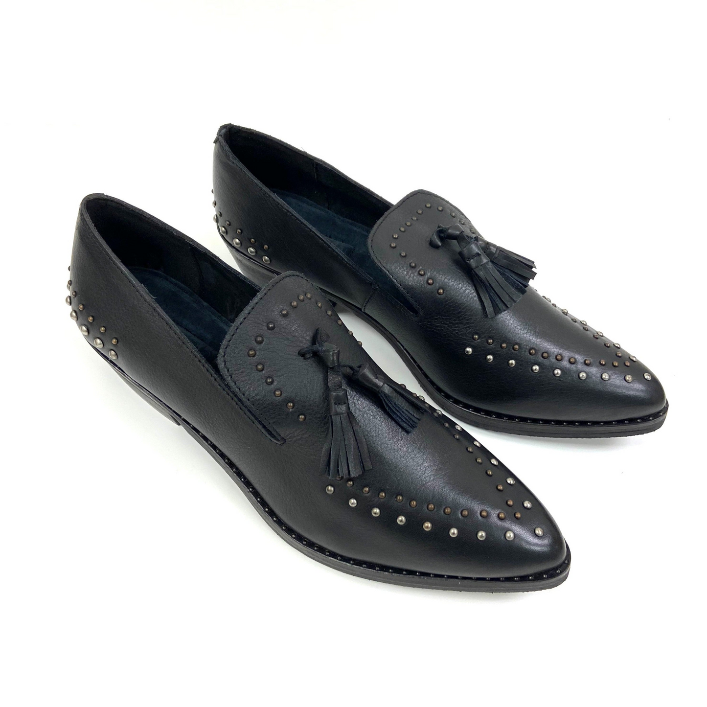 Bella Black Studded Mules - Trendy Leather Slip-Ons with Studded Metal Accents