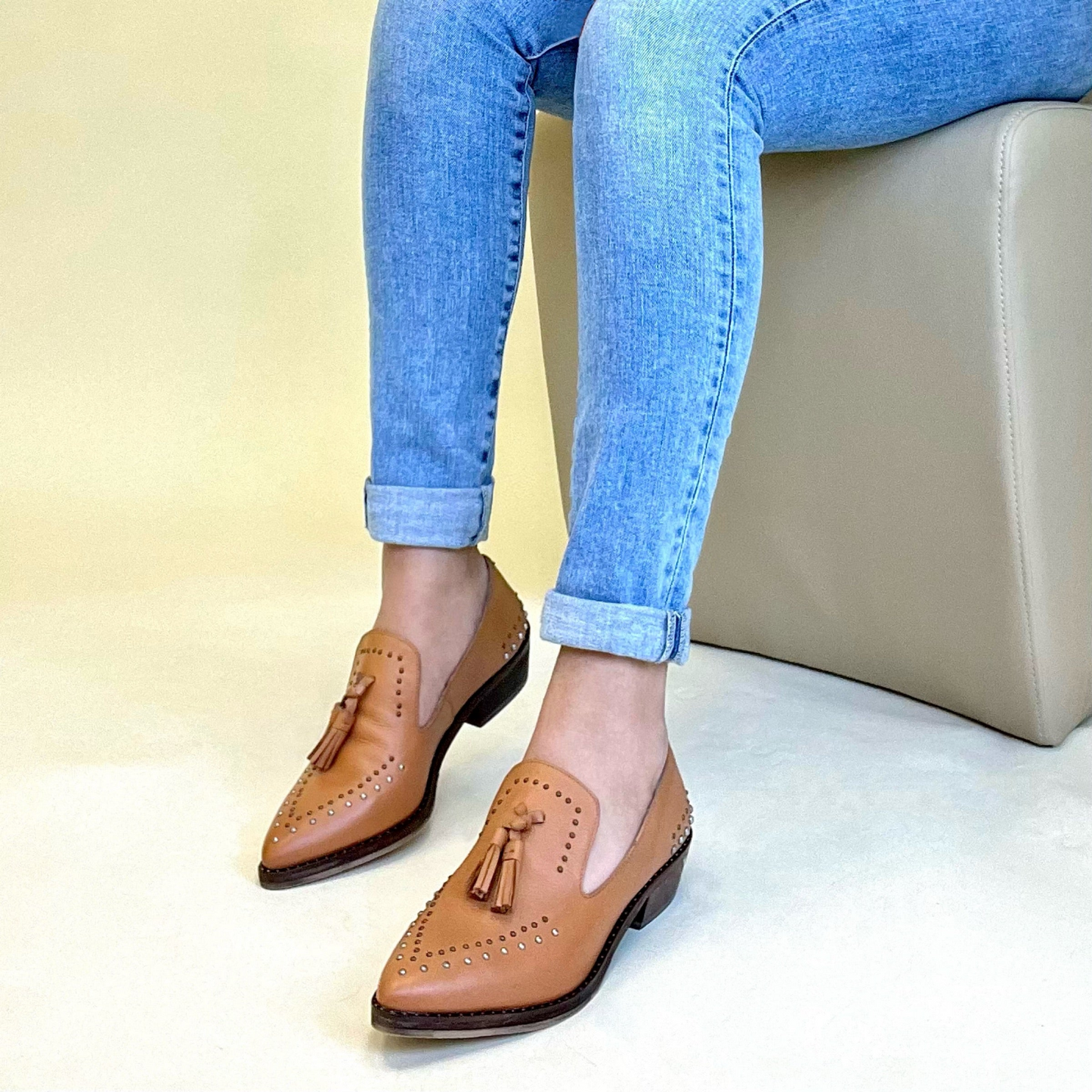 Bella Tan Studded Mules - Modern Leather Slip-on Shoes