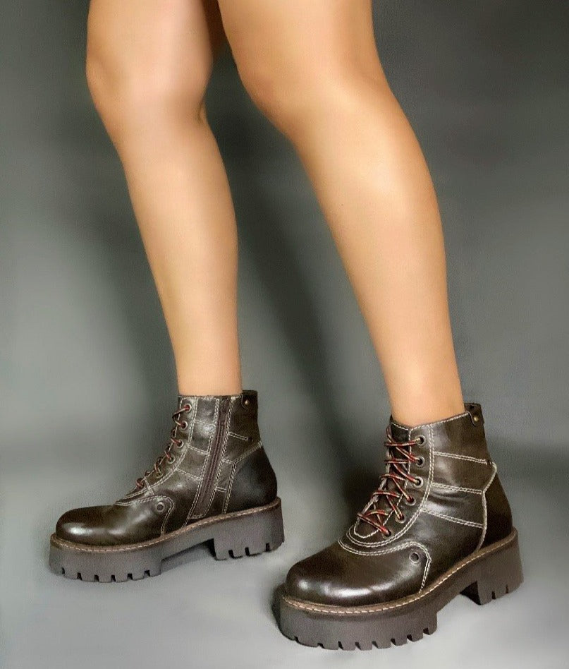 Anna Dark Brown Combat Boot - Stylish & Comfortable Women's Leather Boots with Side Zippers & Non-Slip Rubber Heels