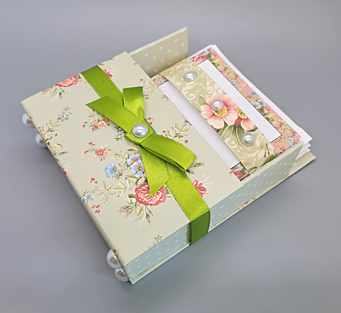 42-Pc Stationery Gift Box Set w/Reusable Desktop Organizer Box and Gold Pen - Coral Pink & Sage Green Floral