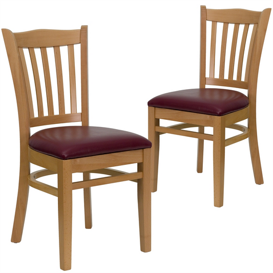 2 Pk. HERCULES Series Natural Wood Finished Vertical Slat Back Wooden Restaurant Chair - Burgundy Vinyl Seat