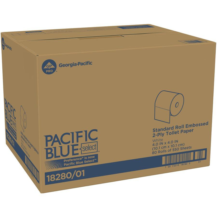 Pacific Blue Select Standard Roll Embossed Toilet Paper - 2 Ply - 4" x 4.05" - 550 Sheets/Roll - White - 80 / Carton