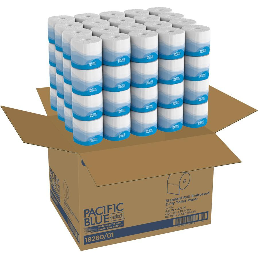 Pacific Blue Select Standard Roll Embossed Toilet Paper - 2 Ply - 4" x 4.05" - 550 Sheets/Roll - White - 80 / Carton