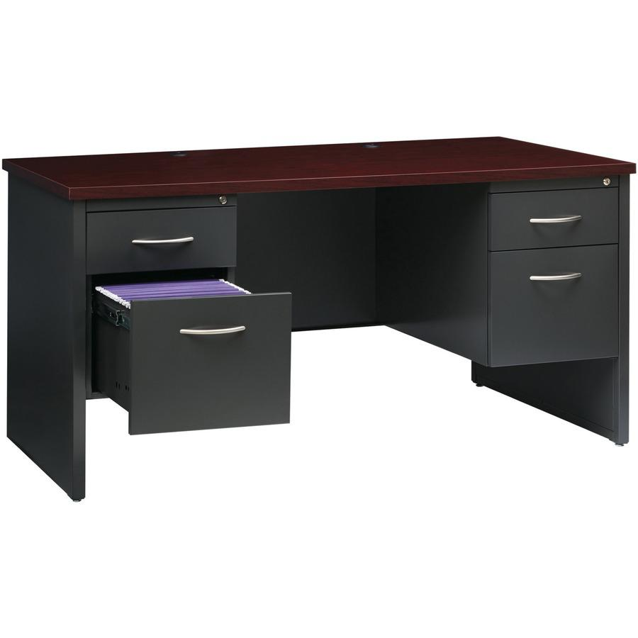 Lorell Fortress Modular Series Double-Pedestal Desk - 60" x 30" , 1.1" Top - 2 x Box, File Drawer(s) - Double Pedestal - Material: Steel - Finish: Mahogany Laminate, Charcoal - Scratch Resistant, Stai