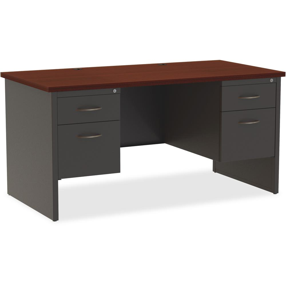 Lorell Fortress Modular Series Double-Pedestal Desk - 60" x 30" , 1.1" Top - 2 x Box, File Drawer(s) - Double Pedestal - Material: Steel - Finish: Mahogany Laminate, Charcoal - Scratch Resistant, Stai