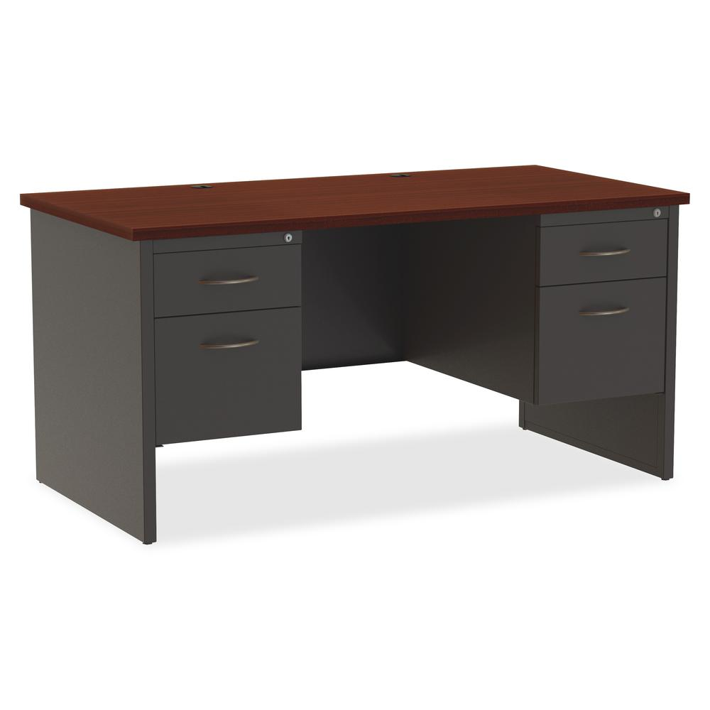 Lorell Fortress Modular Series Double-Pedestal Desk - 60" x 30" , 1.1" Top - 2 x Box, File Drawer(s) - Double Pedestal - Material: Steel - Finish: Mahogany Laminate, Charcoal - Scratch Resistant, Stai