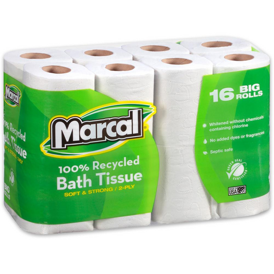 Marcal 100% Recycled Soft/Strong Bath Tissue - 2 Ply - 4.20" x 3.60" - 168 Sheets/Roll - White - 16 Rolls Per Container - 6 / Carton