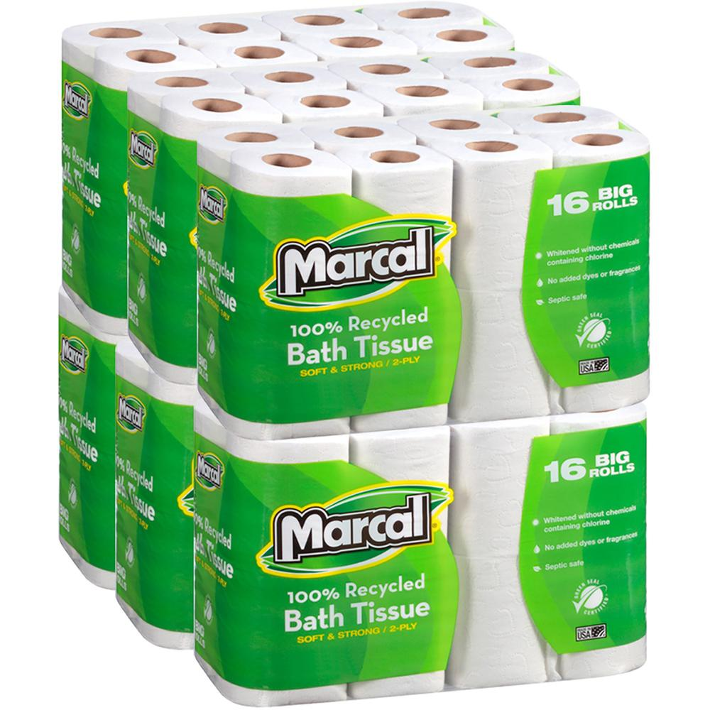 Marcal 100% Recycled Soft/Strong Bath Tissue - 2 Ply - 4.20" x 3.60" - 168 Sheets/Roll - White - 16 Rolls Per Container - 6 / Carton