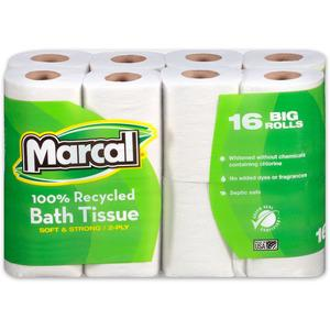 Marcal 100% Recycled Soft/Strong Bath Tissue - 2 Ply - 4.20" x 3.60" - 168 Sheets/Roll - White - 16 Rolls Per Container - 6 / Carton