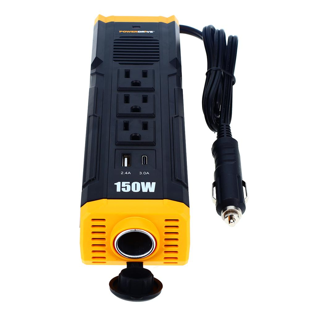 150W Car Power Inverter DC 12V to 110V AC Converter with 3 Charger Outlets and Dual USB Ports Cigarette Lighter Socket Adapter PWD150S