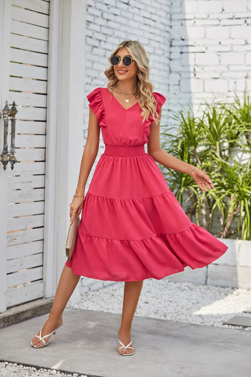 Summer Chic Ruffled V-Neck Dress - Elastic Waist A-Line for Women - fashion finesse accessories