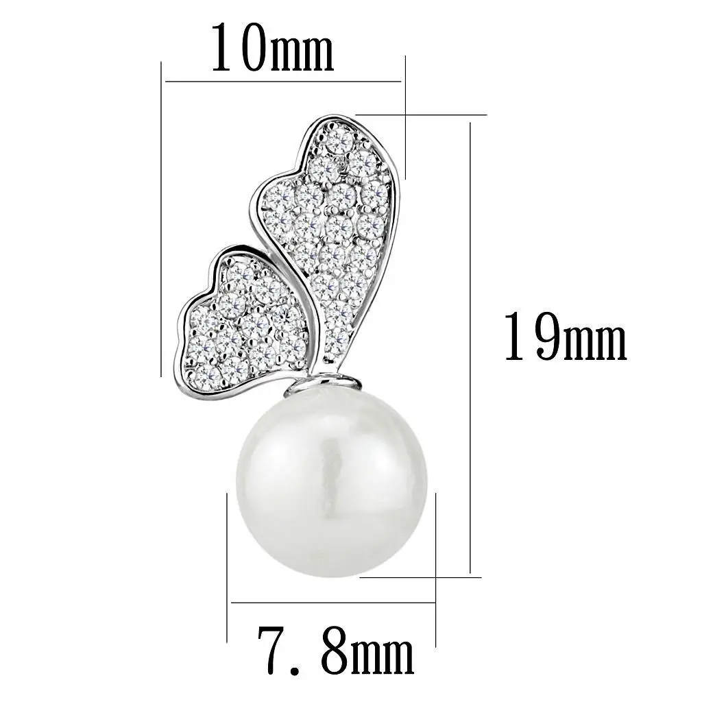 3W1299 - Rhodium Brass Earrings with Synthetic Pearl in White