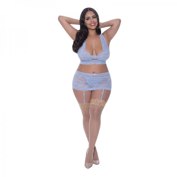 Ooh La Lace Bralette, Garter Skirt & G-string Periwinkle Qn