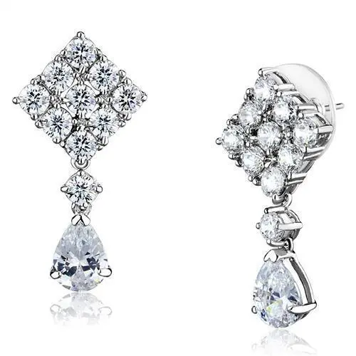 3W1288 - Rhodium Brass Earrings with AAA Grade CZ  in Clear