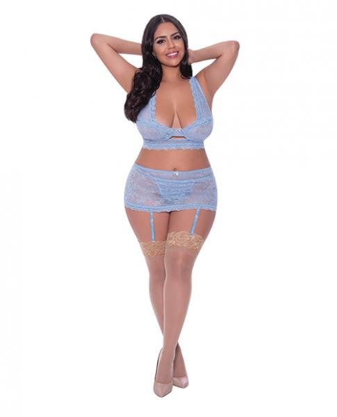 Ooh La Lace Bralette, Garter Skirt & G-string Periwinkle Qn