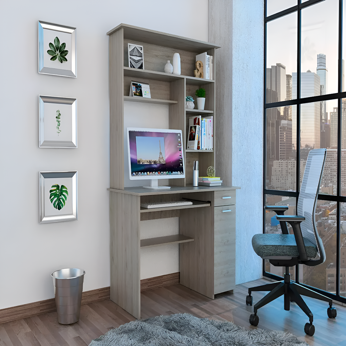 Computer Desk Acequia with Multiple Shelves, Light Gray Finish – Functional and Stylish Workspace Solution