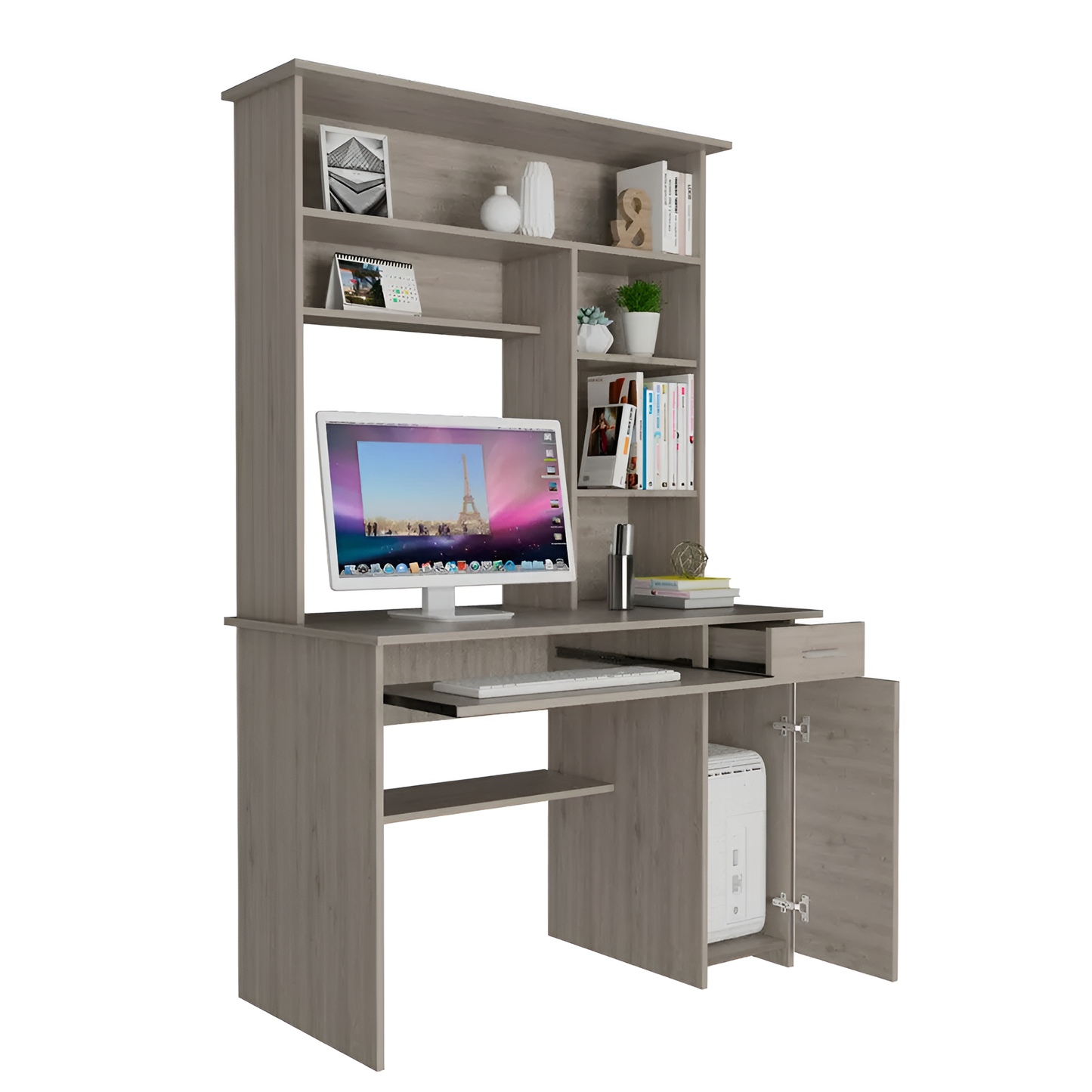 Computer Desk Acequia with Multiple Shelves, Light Gray Finish – Functional and Stylish Workspace Solution