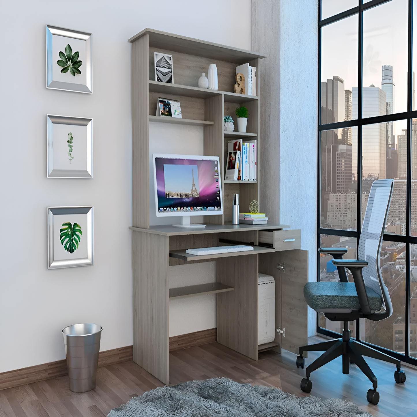 Computer Desk Acequia with Multiple Shelves, Light Gray Finish – Functional and Stylish Workspace Solution