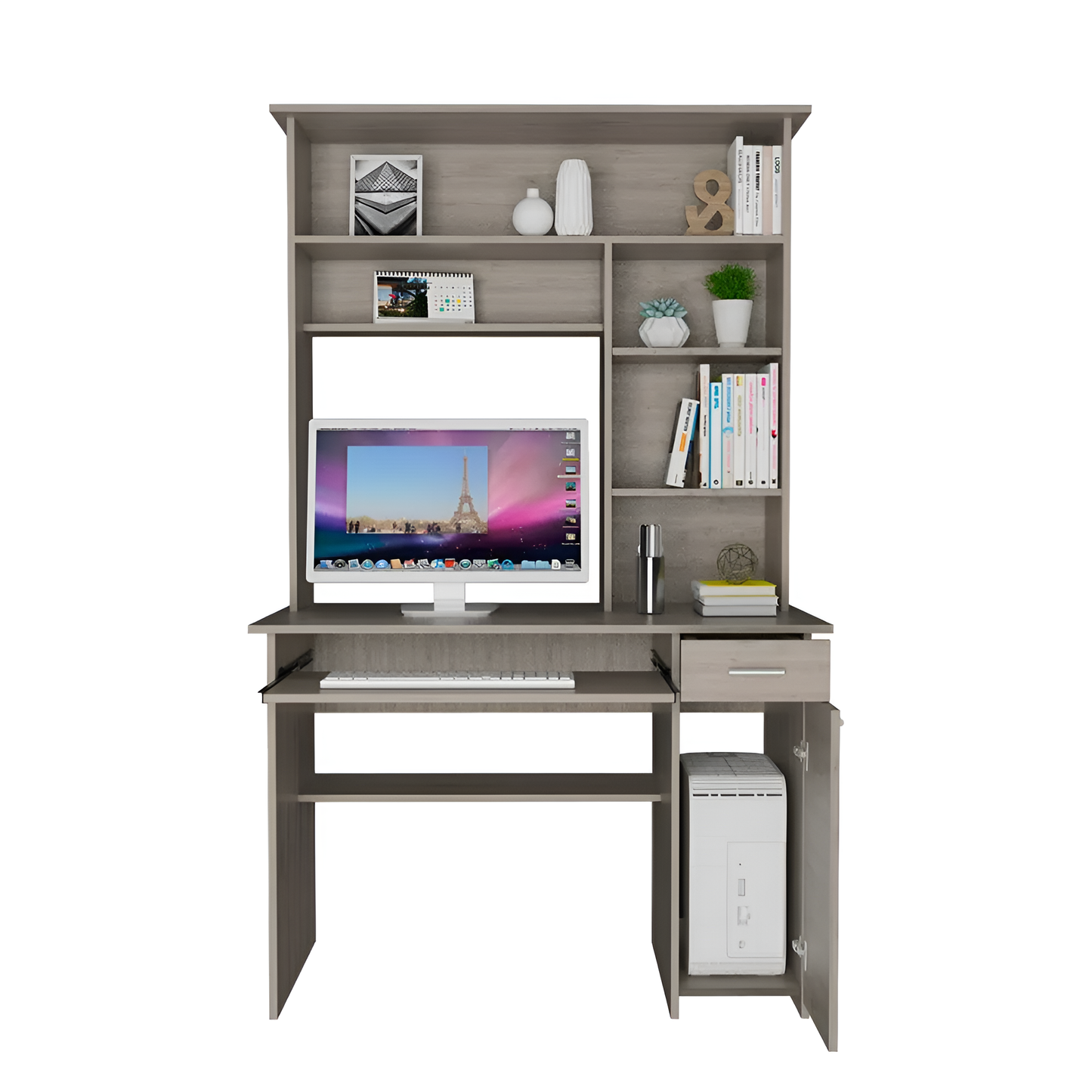 Computer Desk Acequia with Multiple Shelves, Light Gray Finish – Functional and Stylish Workspace Solution