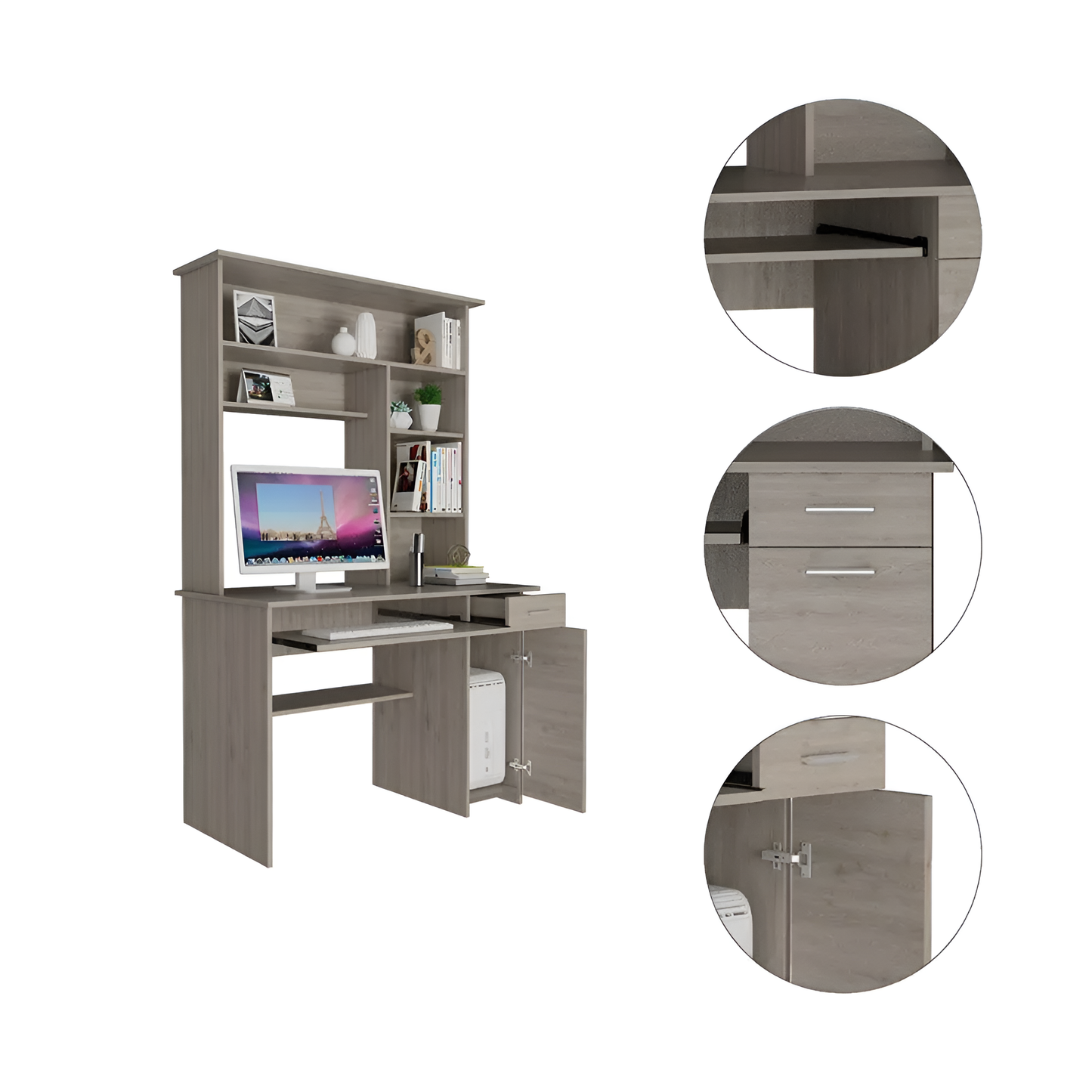 Computer Desk Acequia with Multiple Shelves, Light Gray Finish – Functional and Stylish Workspace Solution