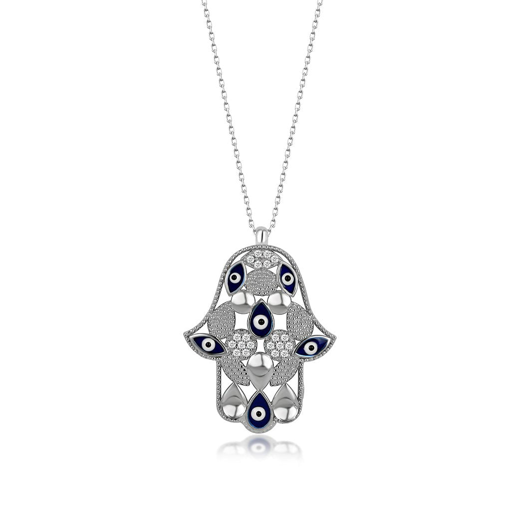 Sterling Silver Turkish Evil Eye Hamsa Pendant Necklace - Evil Eye Protection Necklace - Evil Eye Charm Necklace