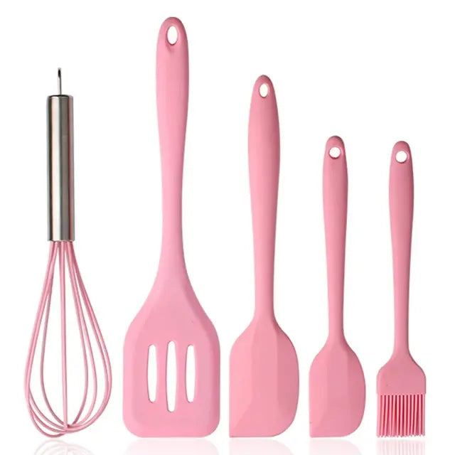 5Pcs Silicone Cooking Utensils Set Non-Stick Silicone Cake Spatula Cooking Shovel Whisk Oil Brush Flexible Kitchen Utensils Sets - fashion finesse accessories