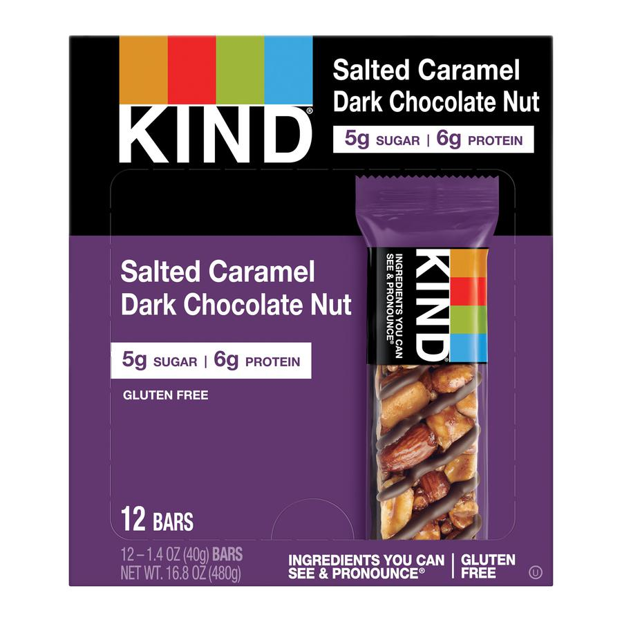 KIND Salted Caramel Dark Chocolate Nut Bars - Gluten-free, Trans Fat Free, Sulfur dioxide-free, Low Sodium, No Artificial Flavor, Low Glycemic - Salted Caramel Dark Chocolate Nut - 1.40 oz - 12 / Box