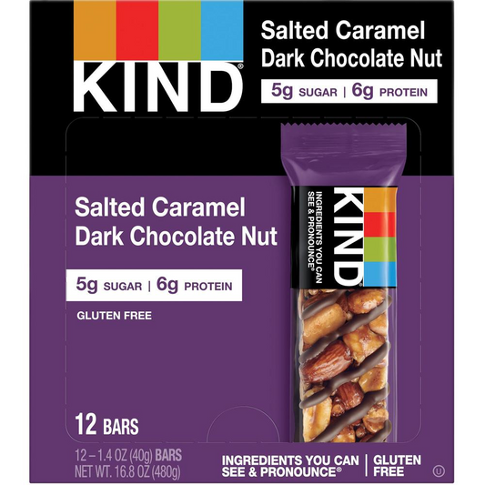 KIND Salted Caramel Dark Chocolate Nut Bars - Gluten-free, Trans Fat Free, Sulfur dioxide-free, Low Sodium, No Artificial Flavor, Low Glycemic - Salted Caramel Dark Chocolate Nut - 1.40 oz - 12 / Box