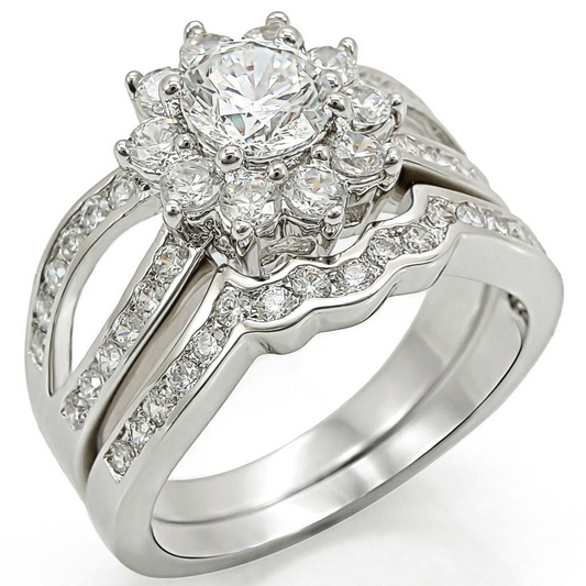 1W008 - Rhodium Brass Ring with AAA Grade CZ  in Clear