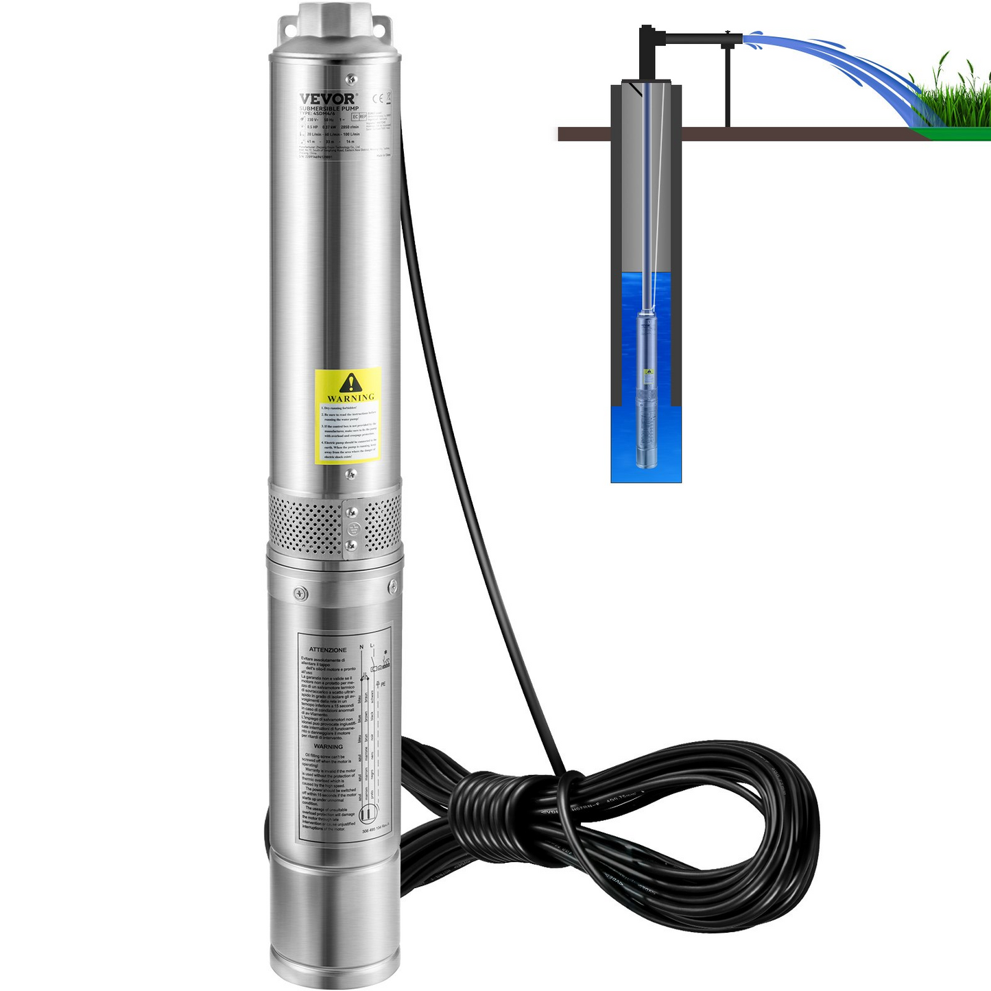 VEVOR Deep Well Submersible Pump, 0.5HP 230V/60Hz, 28gpm 167ft Head, with 33ft Electric Cord, 4" Stainless Steel Water Pumps for Industrial, Irrigation and Home Use, IP68 Waterproof Grade