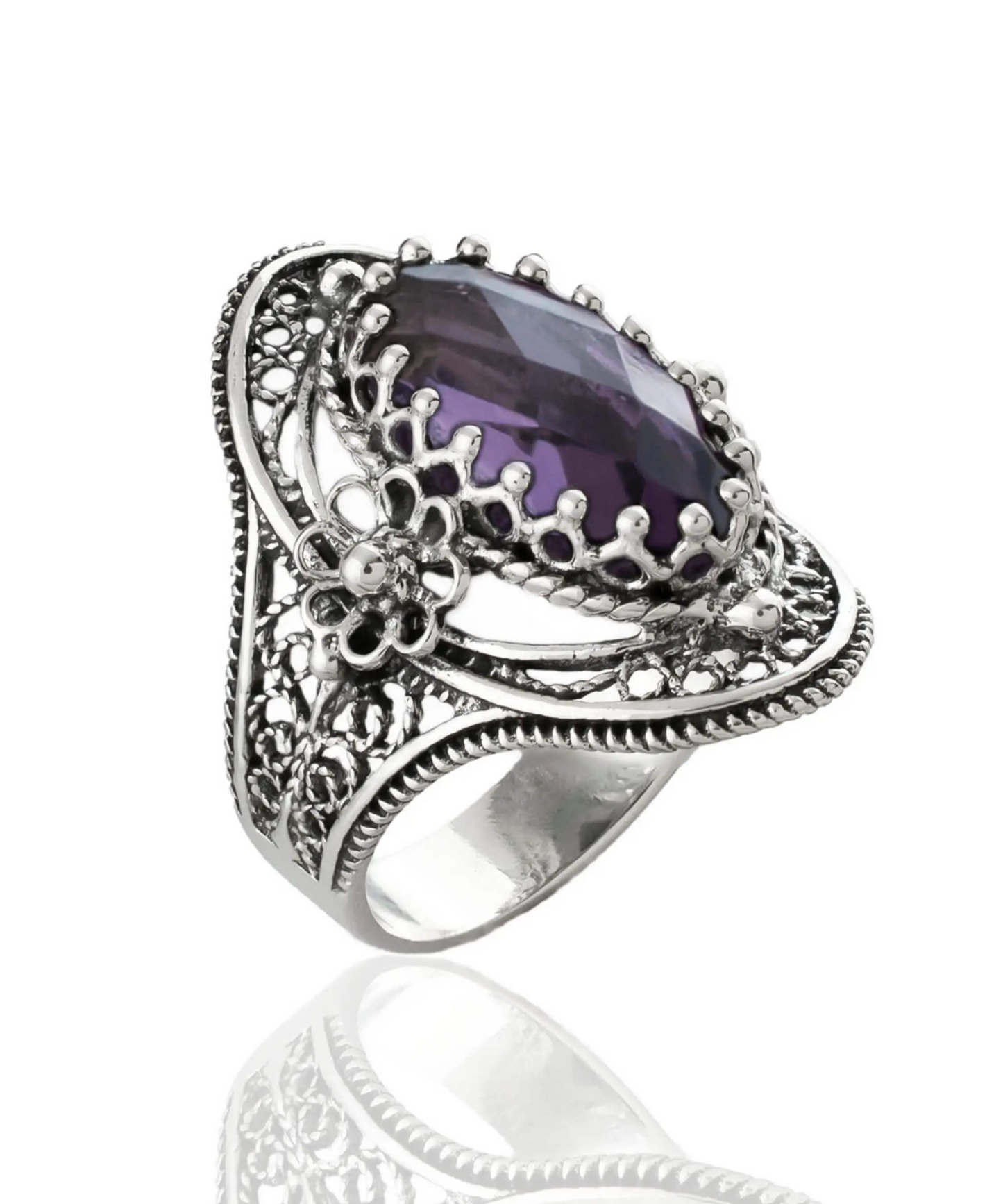 Filigree Art Sterling Silver Women Oval Statement Ring with February Birthstone Amethyst Gemstone