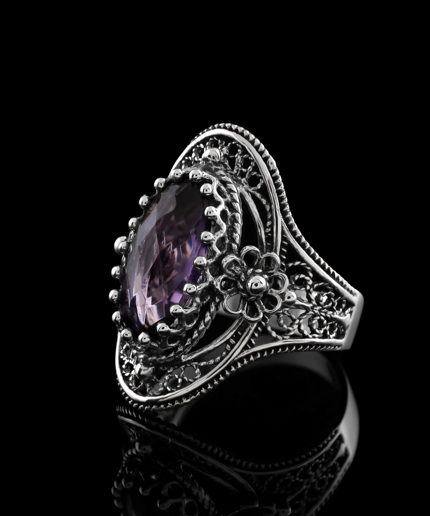 Filigree Art Sterling Silver Women Oval Statement Ring with February Birthstone Amethyst Gemstone