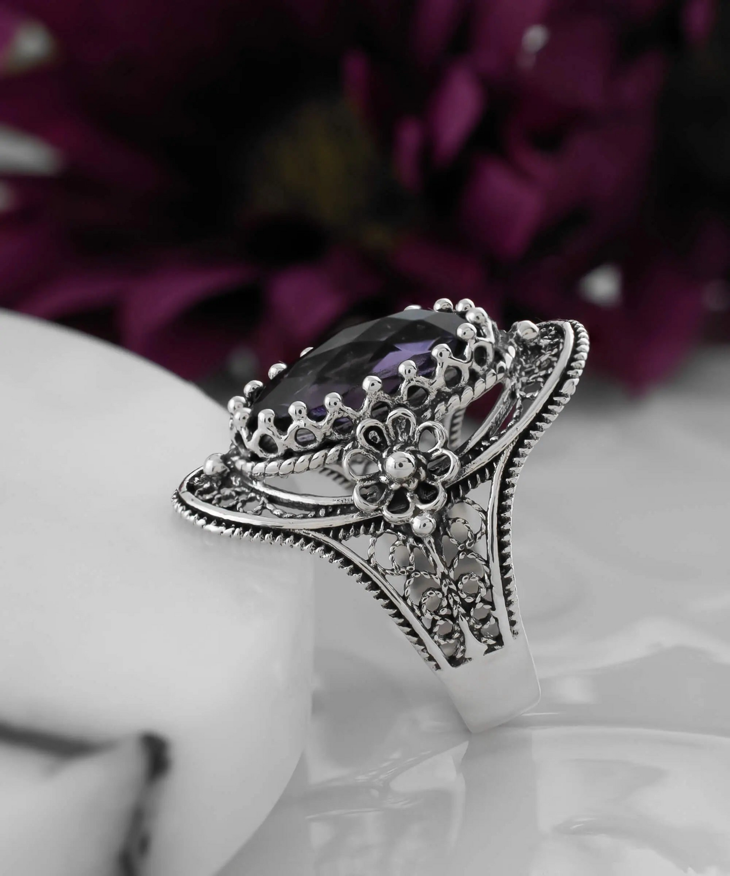 Filigree Art Sterling Silver Women Oval Statement Ring with February Birthstone Amethyst Gemstone