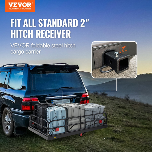 VEVOR Hitch Cargo Carrier, 60 x 24 x 14 in Folding Trailer Hitch Mounted Steel Cargo Basket, 400lbs Loading Capacity Luggage Carrier Rack with Stabilizer, Fits 2" Hitch Receiver for SUV Truck Pickup