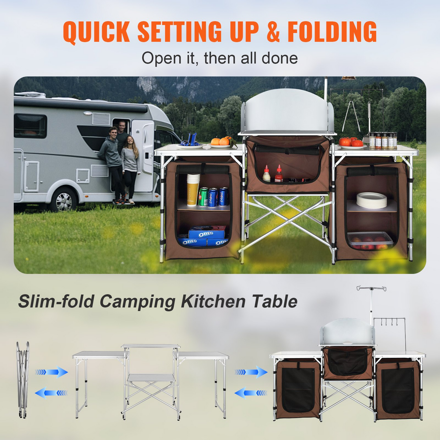 VEVOR Camping Kitchen Table, Folding Outdoor Cooking Table with Storage Carrying Bag, Aluminum Cook Station 3 Cupboard & Detachable Windscreen, Quick Set-up for Picnics, BBQ, RV Traveling, Brown