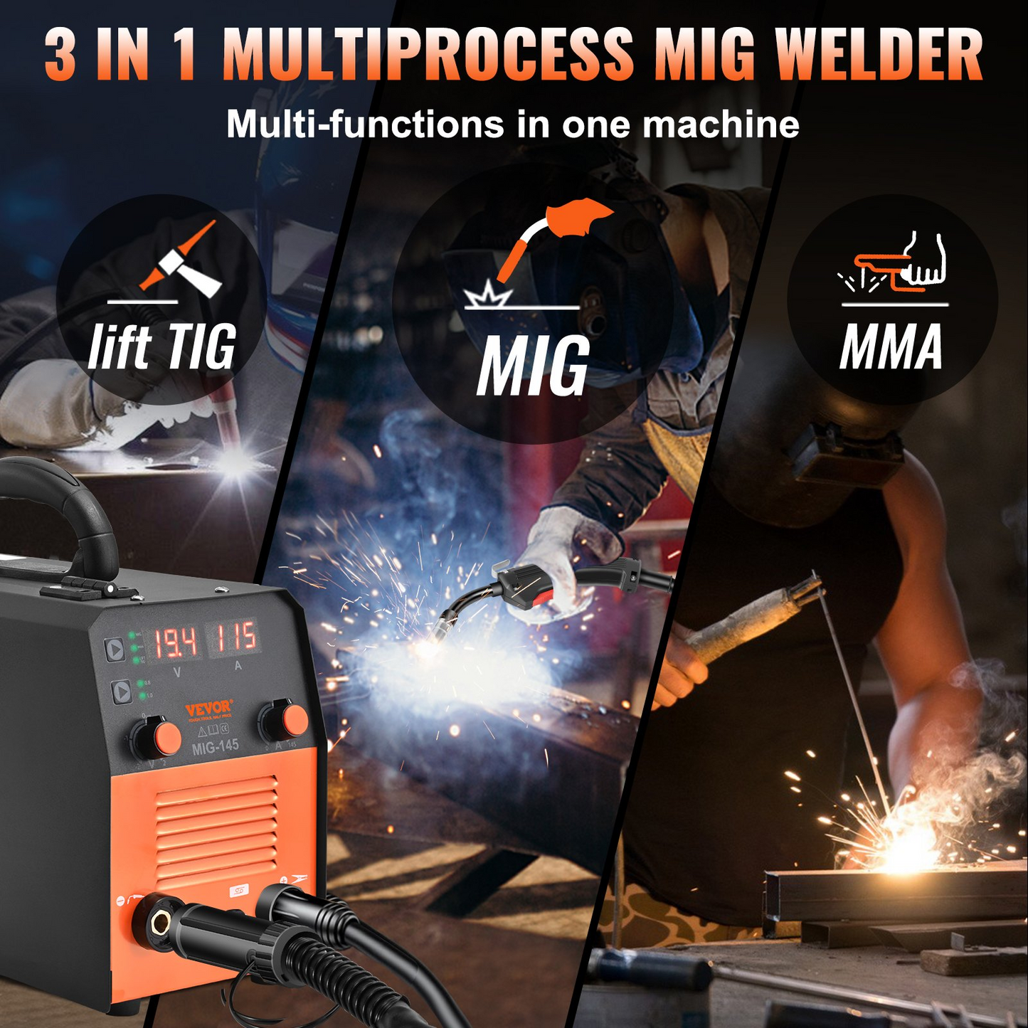 VEVOR 145Amp MIG Welder, Welding Machine 3 in 1, 110 V Flux Core/Solid Wire Welding Machine with IGBT Inverter & MIG Torch, Digital MIG/Lift TIG/Stick Multiprocess Welder