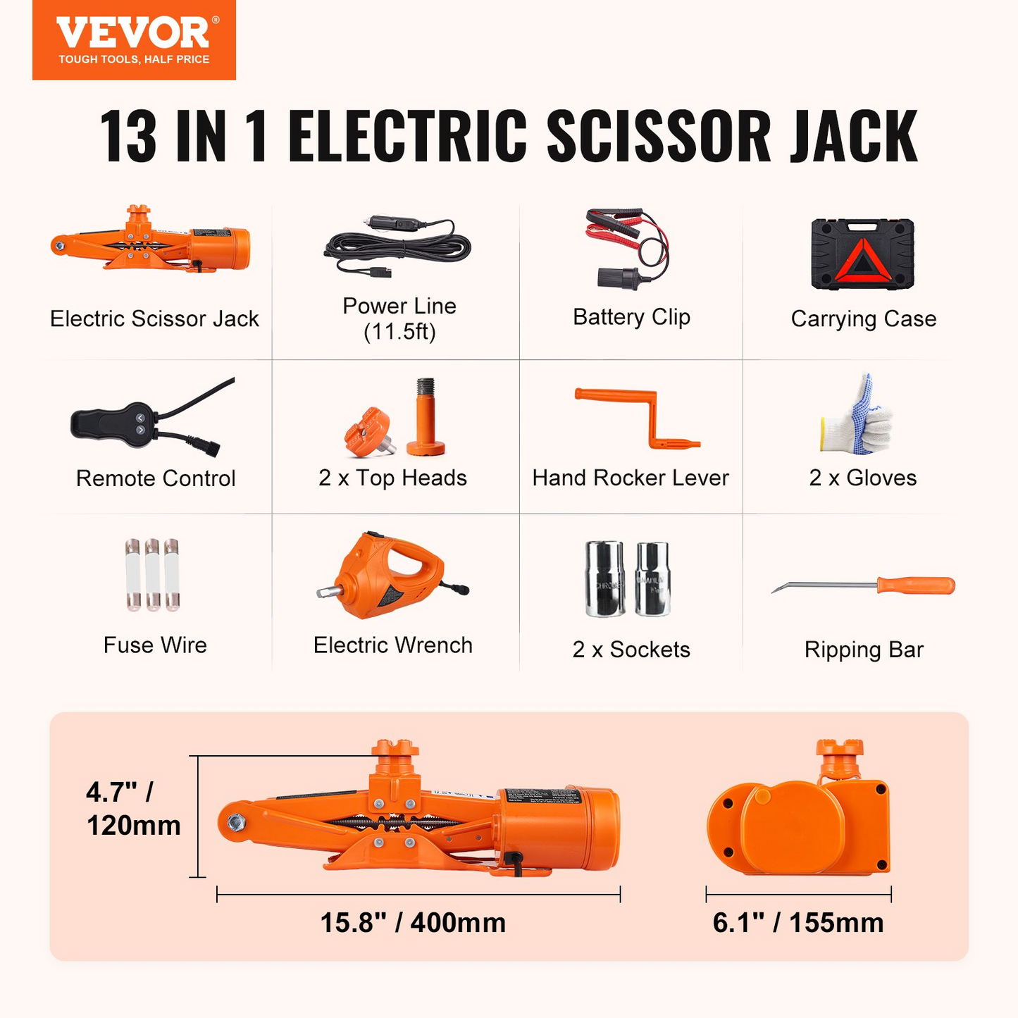 VEVOR Electric Car Jack - 3 Tons/6600 lbs Scissor Jack with Electric Impact Wrench, Portable Car Jack Lifting for Sedan, SUV, Truck Tire Change