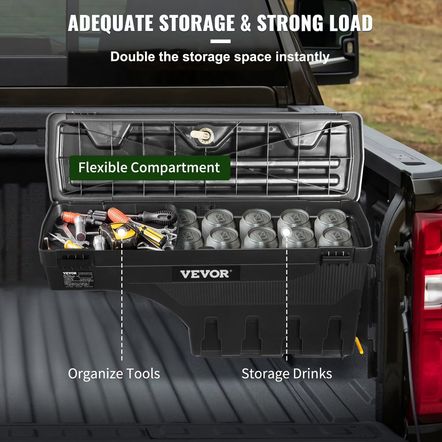 VEVOR Truck Bed Storage Box, Lockable Lid, Waterproof ABS Wheel Well Tool Box 6.6 Gal/20 L, Compatible with Chevrolet Silverado 1500 GMC Sierra 1500 2019-2021, Passenger Side, Black