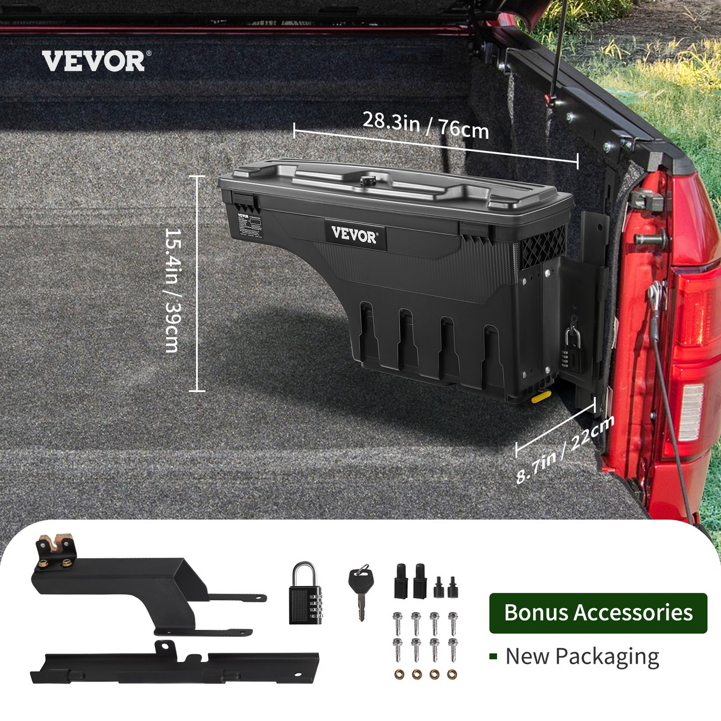 VEVOR Truck Bed Storage Box | Fits 2015-2020 Ford F150 | Passenger Side | Lockable Lid | Waterproof | 6.6 Gal/25 L with Password Padlock | Black