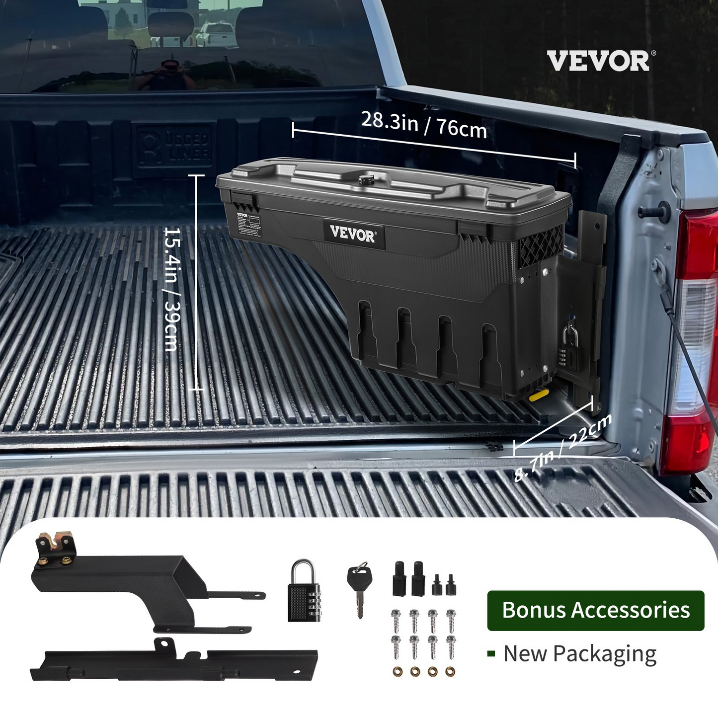 VEVOR Truck Bed Storage Box, Lockable Lid, Waterproof ABS Wheel Well Tool Box 6.6 Gal/20 L with Password Padlock, Compatible with Super Duty 2017-2021, Passenger Side, Black