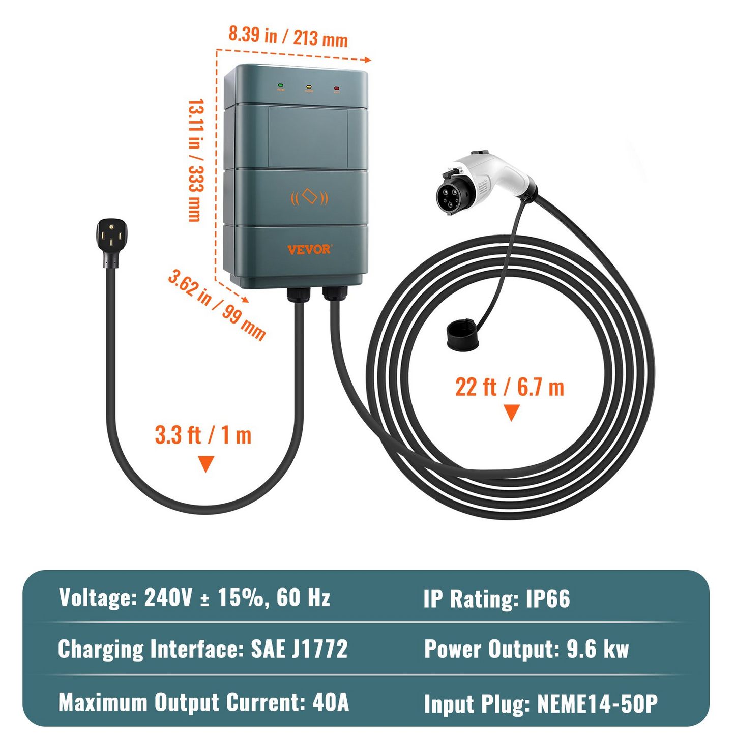 VEVOR Level 2 Electric Vehicle Charging Station | Adjustable 9.6 kW Smart EV Charger with WiFi