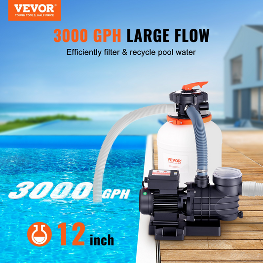 VEVOR Sand Filter Pump for Above Ground Pools, 12-inch, 3000 GPH, 1/2 HP