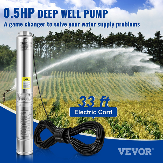 VEVOR Deep Well Submersible Pump, 0.5HP 230V/60Hz, 28gpm 167ft Head, with 33ft Electric Cord, 4" Stainless Steel Water Pumps for Industrial, Irrigation and Home Use, IP68 Waterproof Grade