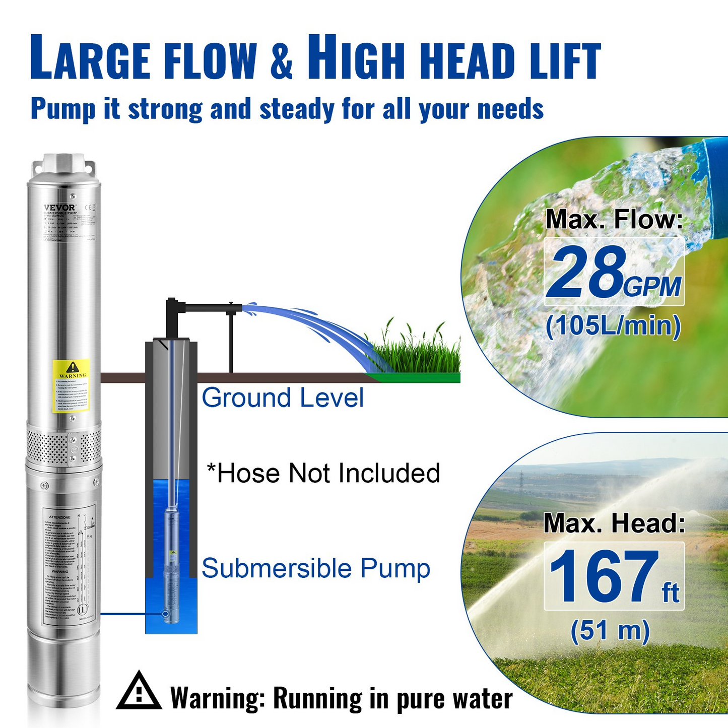 VEVOR Deep Well Submersible Pump, 0.5HP 230V/60Hz, 28gpm 167ft Head, with 33ft Electric Cord, 4" Stainless Steel Water Pumps for Industrial, Irrigation and Home Use, IP68 Waterproof Grade