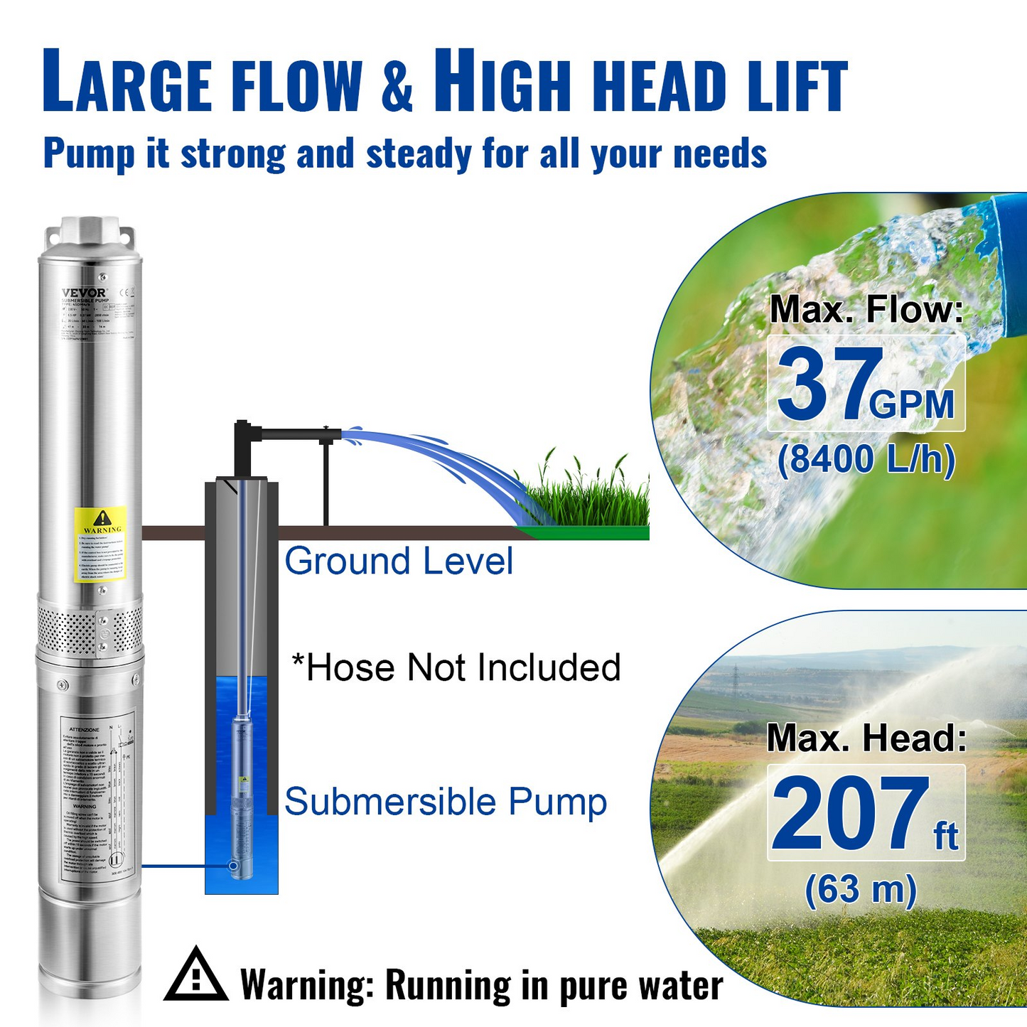 VEVOR Deep Well Submersible Pump, 1HP 230V/60Hz, 37gpm Flow 207ft Head, with 33ft Electric Cord, 4" Stainless Steel Water Pump for Industrial, Irrigation&Home Use, IP68 Waterproof Grade